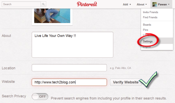 Pinterest blog verification