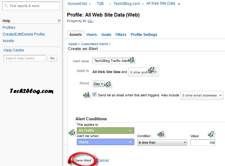Tech2Blog Google Analytics Custom Alert setting